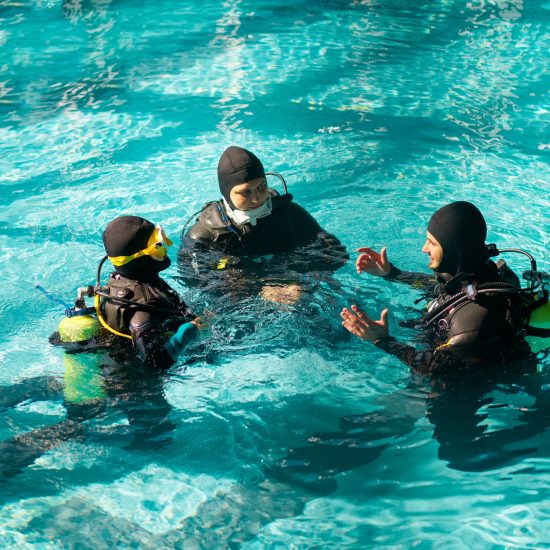 Instructor and divers in aqualungs, dive course